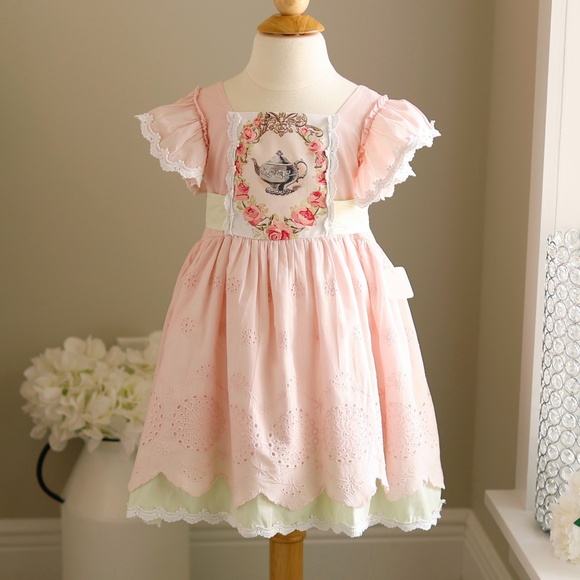 Girl's Tea Party Dress Haute Baby Boutique Pink Green Tea Pot Perfect  Condition